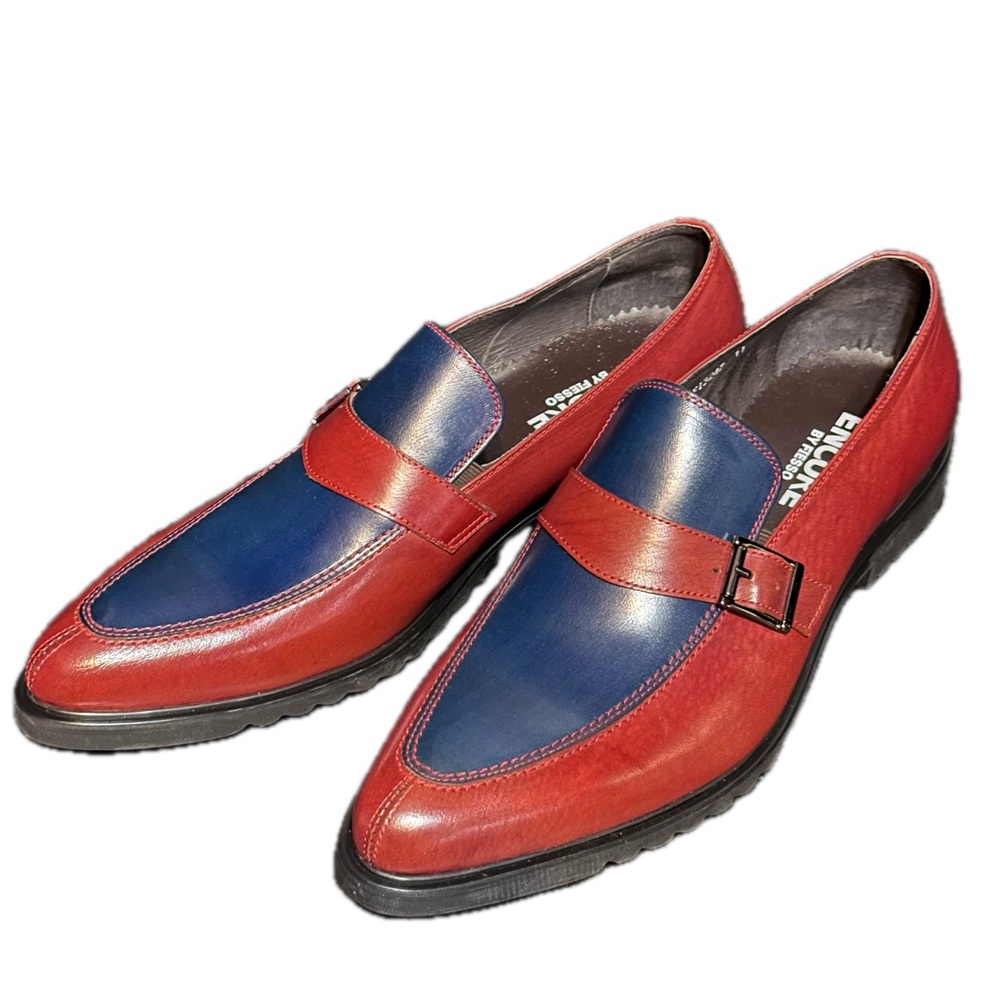 Encore Fiesso Blue / Red Genuine Leather Monk Strap Size 11 Mens Shoes Loafers